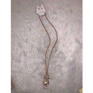 Long Owl/Pearl Necklace/Earring Set